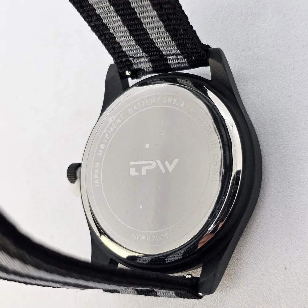 Men's Miltiary Field Watch 42MM Black Case Dial Black Gray Canvas Band‎ Straps